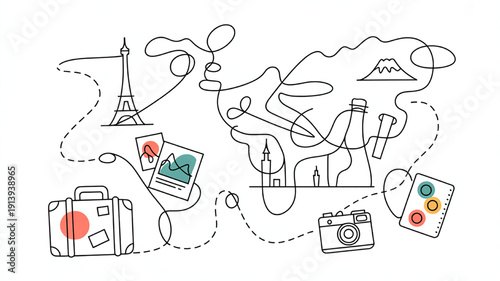 World map with travel icons and dotted lines representing global journey and vacation planning flat vector illustration