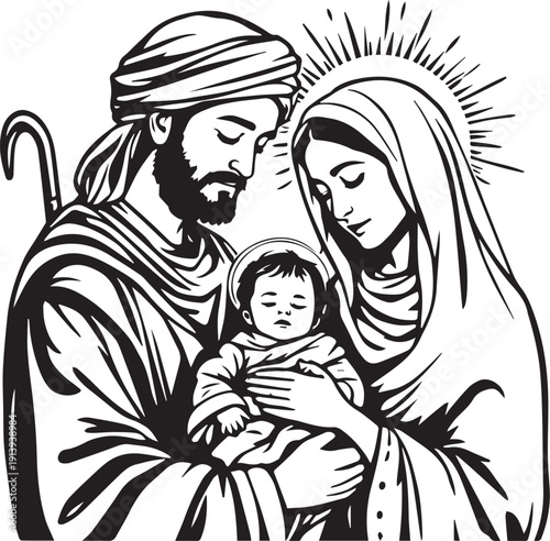 Holy Family religious illustration with Joseph Mary baby Jesus halos staff robe divine love Christian tradition vector design