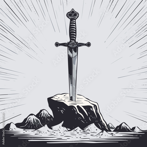 hand drawn woodcut brutalist minimal tartot card design of large medieval sword stuck in a rock 