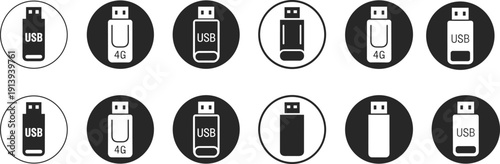 USB flash drive icon set with storage device symbols, technology illustration, vector artwork, editable, isolated graphic design for digital data