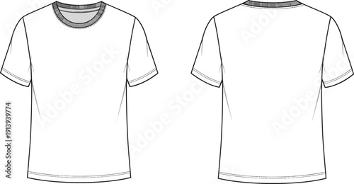 Men crew neck t shirt technical flat sketch, front back view, fashion CAD vector, basic apparel template, outline garment illustration