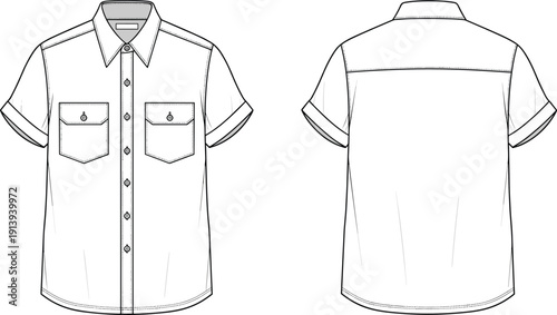 Men short sleeve button shirt technical flat sketch, front back view, fashion CAD vector, pocket detail, apparel template, outline illustration