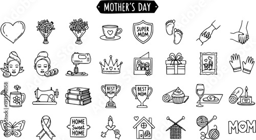 Mother's Day Icons Set - Black and White Line Art, Vector Graphics for Celebrations