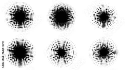 Aerial view of six gradient circles with varying density and pattern