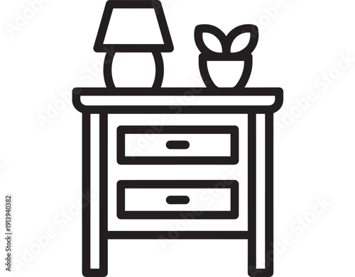 Nightstand table icon with lamp and potted plant, minimalist black outline furniture symbol for bedroom interior, home decor, UI app buttons and signage