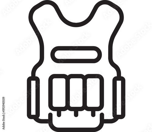 Life jacket icon in black outline style showing a personal flotation device vest, marine safety equipment symbol for boating, rescue, watersports and emergency use