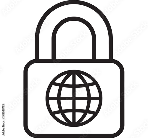 Padlock with globe icon representing internet security, global privacy protection, secure connection, cybersecurity, encryption, and online data safety concept