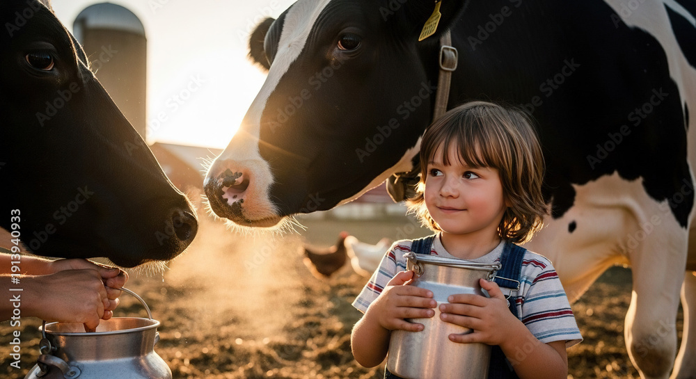 custom made wallpaper toronto digitalChild feeding a cow with milk bucket in rural farm setting