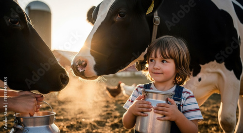 Wallpaper Mural Child feeding a cow with milk bucket in rural farm setting Torontodigital.ca