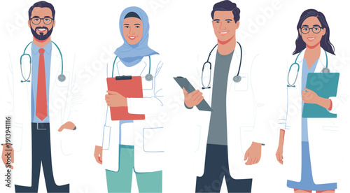 Diverse medical professionals vector set with doctors and nurses, healthcare workers in white coats with stethoscopes