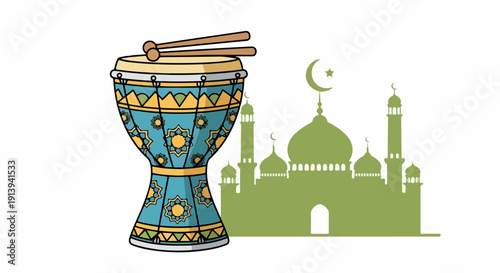 Illustration of a decorated drum with sticks and a mosque silhouette in green, against a white background.