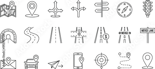 Navigation icons, travel line art, GPS symbols, road signs, compass illustration, traffic light, tunnel graphic, highway map, location pin