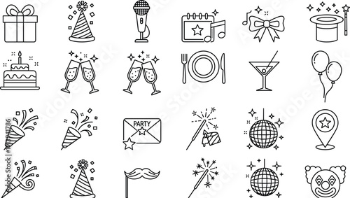 Party icons, celebration line art, birthday cake, gift box, balloons, champagne glasses, disco ball, party hat, microphone, magician hat, sparkler, clown face, festive bow, martini glass, party