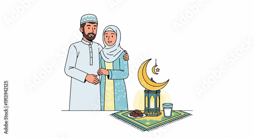 Illustration of a Muslim couple standing with a lantern and prayer mat on a green carpet with a crescent moon in a simple flat style.