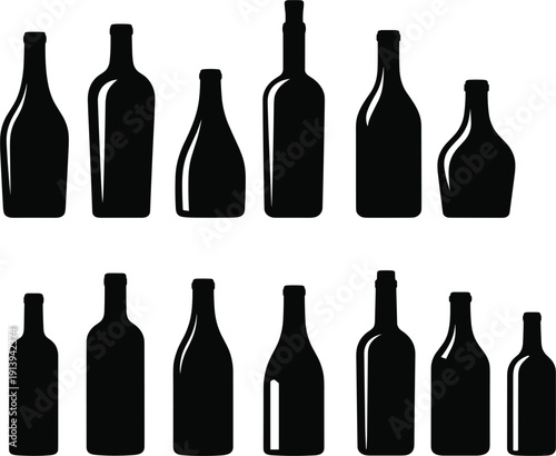 Black wine and liquor bottle silhouette icon set, diverse glass bottle shapes for bar and beverage design