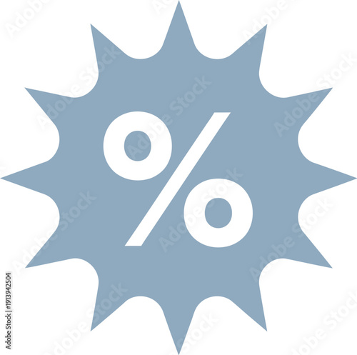 A light blue starburst icon with a white percentage symbol in the center on a white background. Vector