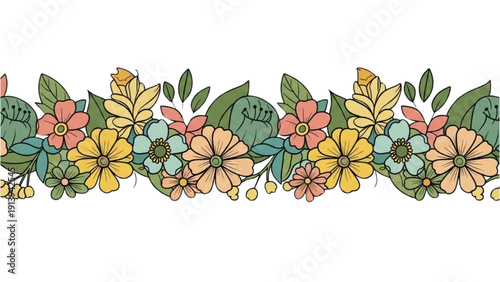 Vibrant floral illustration featuring assorted colorful flowers and foliage in a lively garden scene from a horizontal viewpoint