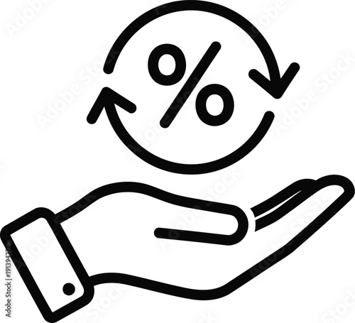 Black and white line icon of a hand holding a percentage sign with circular arrows.
