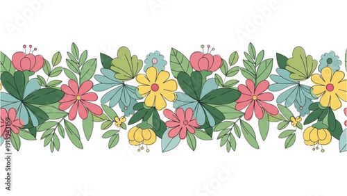 Vibrant floral illustration border featuring flowers, leaves, and stems in a decorative arrangement from a direct viewpoint
