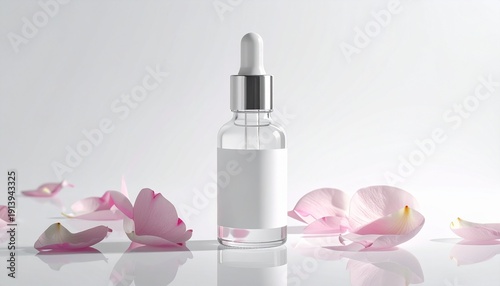 Pristine clear glass dropper bottle with a minimalist white label, elegantly displayed amidst delicate pink rose petals on a reflective surface, ideal for beauty serum and cosmetic product mockups