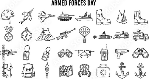 Black and White Line Art Icons of Military Equipment and Symbols for Armed Forces Day