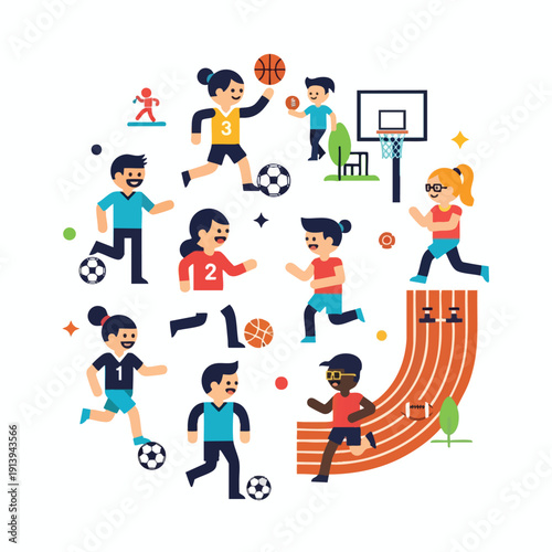 Dynamic Sports Collection Featuring Young Athletes Engaged in Various Games and Activities