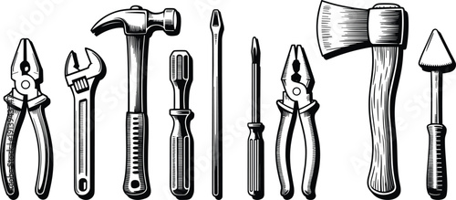 Black hand tool silhouettes set, vintage hammer pliers wrench screwdrivers axe chisel, workshop tools collection, editable vector EPS graphics pack