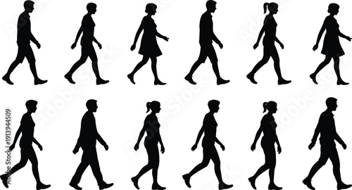 Walking people silhouette vector collection, male female side view poses, pedestrian motion characters, black minimalist human icons set