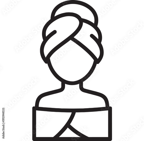 Woman spa icon with towel turban and wrapped body, minimalist black outline avatar for beauty salon, skincare, wellness, hygiene and relaxation on white