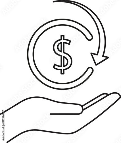 Cashback or refund icon showing a hand holding a dollar sign with a circular arrow. Vector