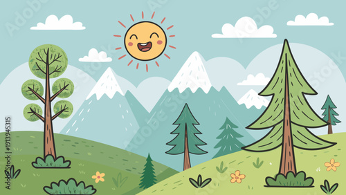 Happy cartoon landscape with smiling sun and trees in green hills