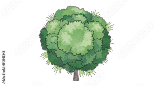 A cartoon tree with lush green foliage stands alone in a serene environment viewed from the side.