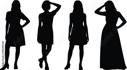 Women fashion silhouette poses, stylish female dress figures, confident body shapes, elegant lifestyle concept, modern beauty vector illustration