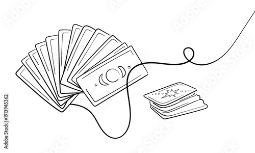 Tarot deck of cards, continious line drawing. Magic, esotericism, witch, occultism line art. Vector illustration