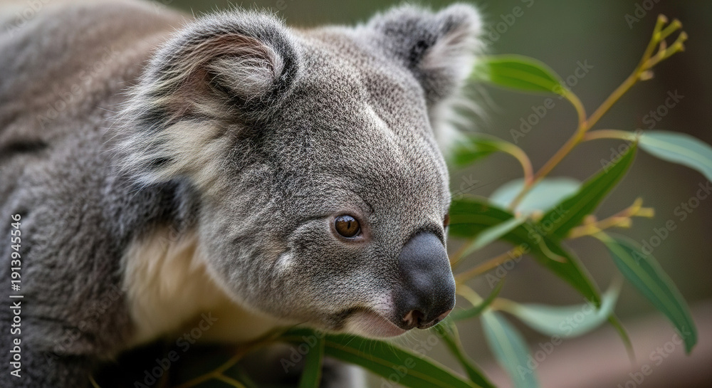 Fototapeta premium Close-up of a koala eating eucalyptus leaves