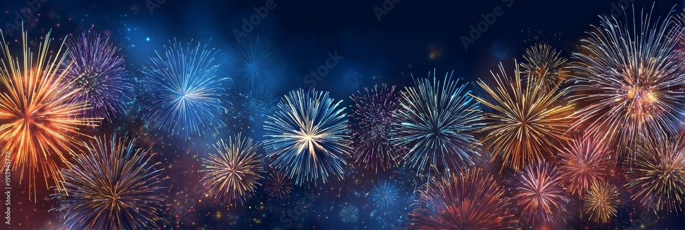 Fototapeta premium Festive Blue Night Sky with Fireball Fireworks and Glowing Particles New Year Celebration
