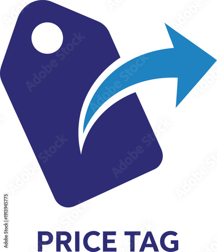 Flat design illustration of a purple price tag icon with a blue arrow pointing outward Vector