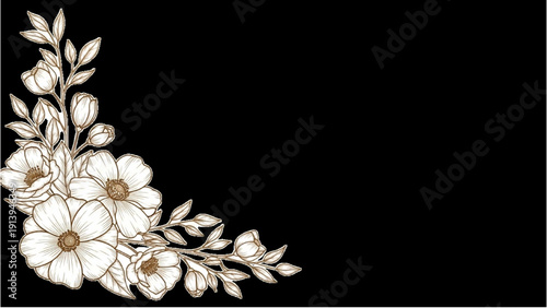 Floral corner illustration with white flowers and leaves on a dark background viewed from directly above