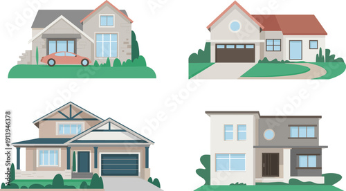 Modern suburban house exterior illustrations set, residential home architecture designs, real estate property collection, family housing concepts, flat vector style