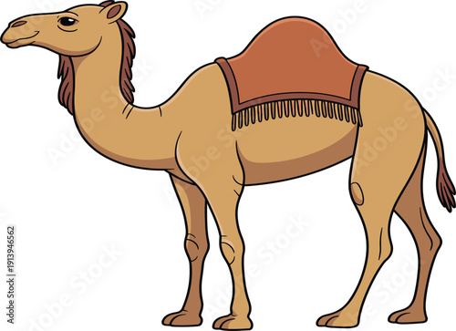 Brown dromedary camel with traditional saddle standing for desert travel vector illustration