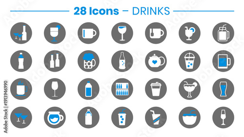 Set of 28 Round Drink Icons – Alcoholic and Non-Alcoholic Beverages in gray and blue