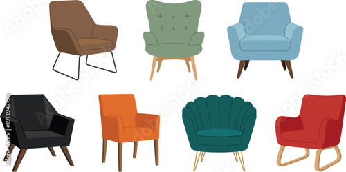 Modern armchair collection illustration, colorful upholstered lounge chairs set isolated, interior furniture design, flat vector style living room decor concept
