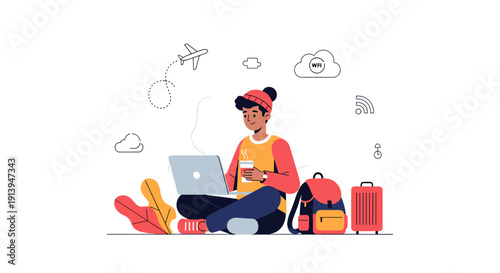 Flexible digital nomad working on laptop, planning global travels with internet connectivity, illustrating remote work freedom and adventurous lifestyle blend