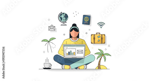 Digital Nomad Working Remotely with Laptop on a Tropical Island, Planning Adventures