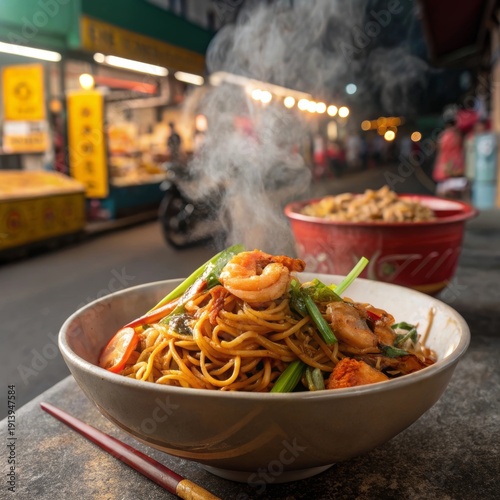 Steaming Bowl of Spicy Shrimp Mee Goreng Mamak Street Food at Night