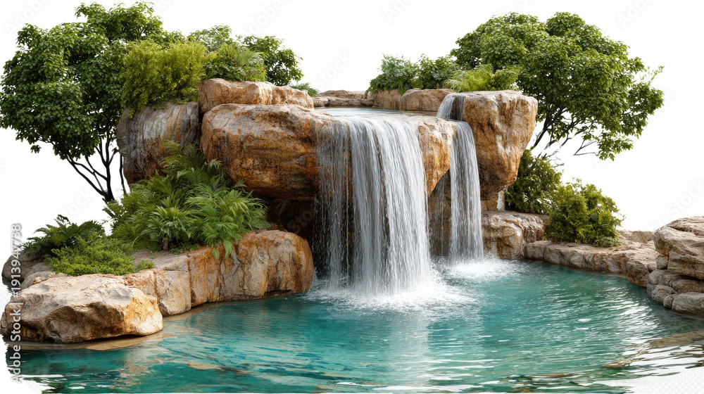 Fototapeta premium Serene Cascade: A picturesque waterfall cascades gracefully into a clear, turquoise pool, embraced by rugged rocks and lush greenery, creating a tranquil oasis of natural beauty.