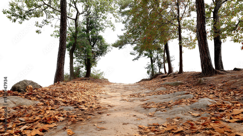 Fototapeta premium Path of Autumn: A winding path through a forest bathed in the golden hues of autumn, beckoning with a promise of exploration and discovery. The ground is carpeted with fallen leaves.