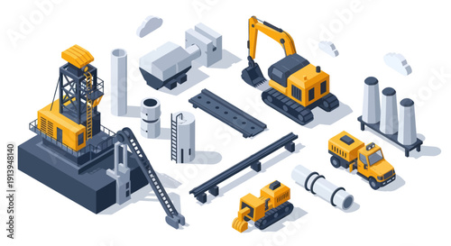 Construction site equipment and machinery isometric illustration.