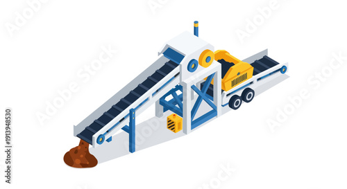 Industrial asphalt mixing plant on a trailer with conveyor belt and machinery.