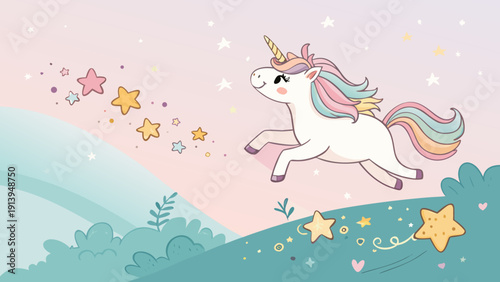 Magical white unicorn running under starry night sky with rainbow mane